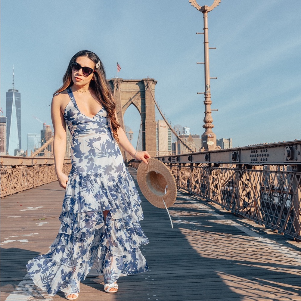 Blue and white floral high low dress